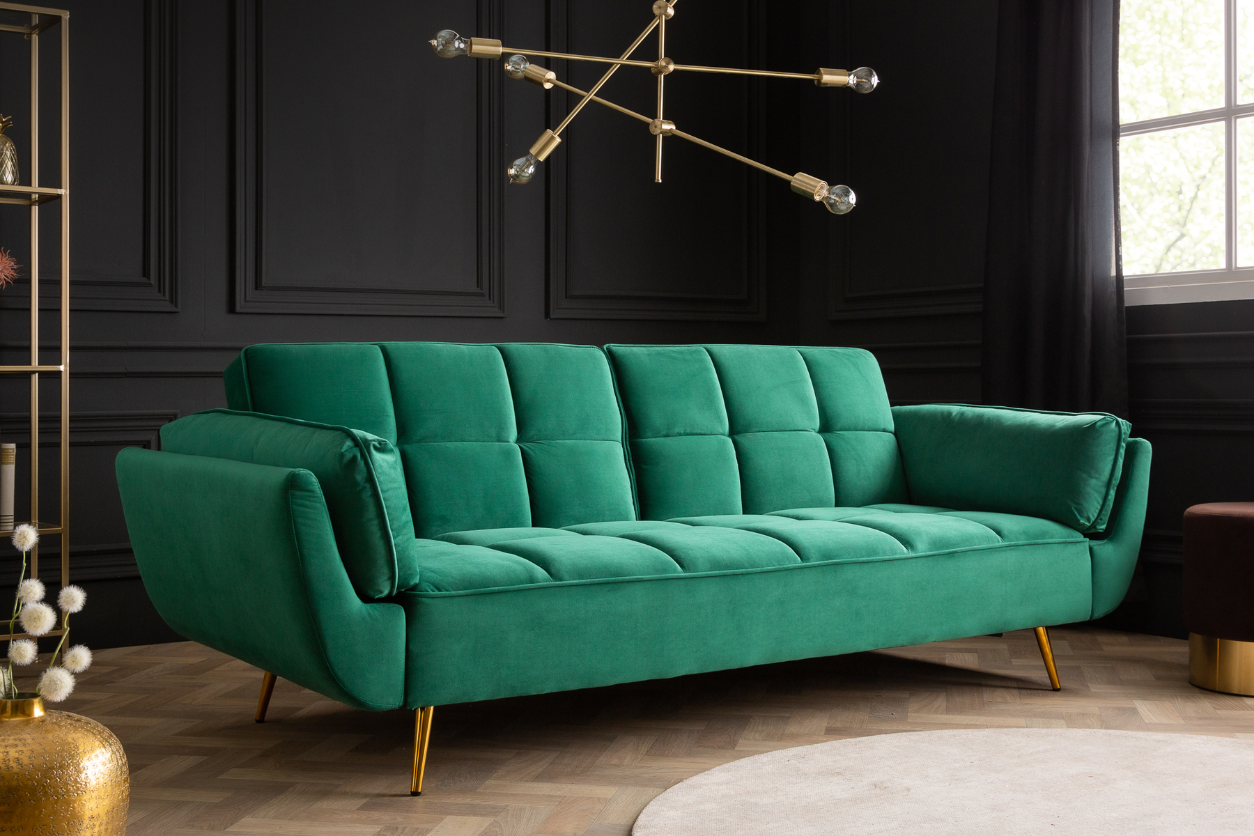 Retro Schlafsofa BOUTIQUE 215cm smaragdgrün Samt 3-Sitzer mit goldenen Füßen » Jetzt kaufen