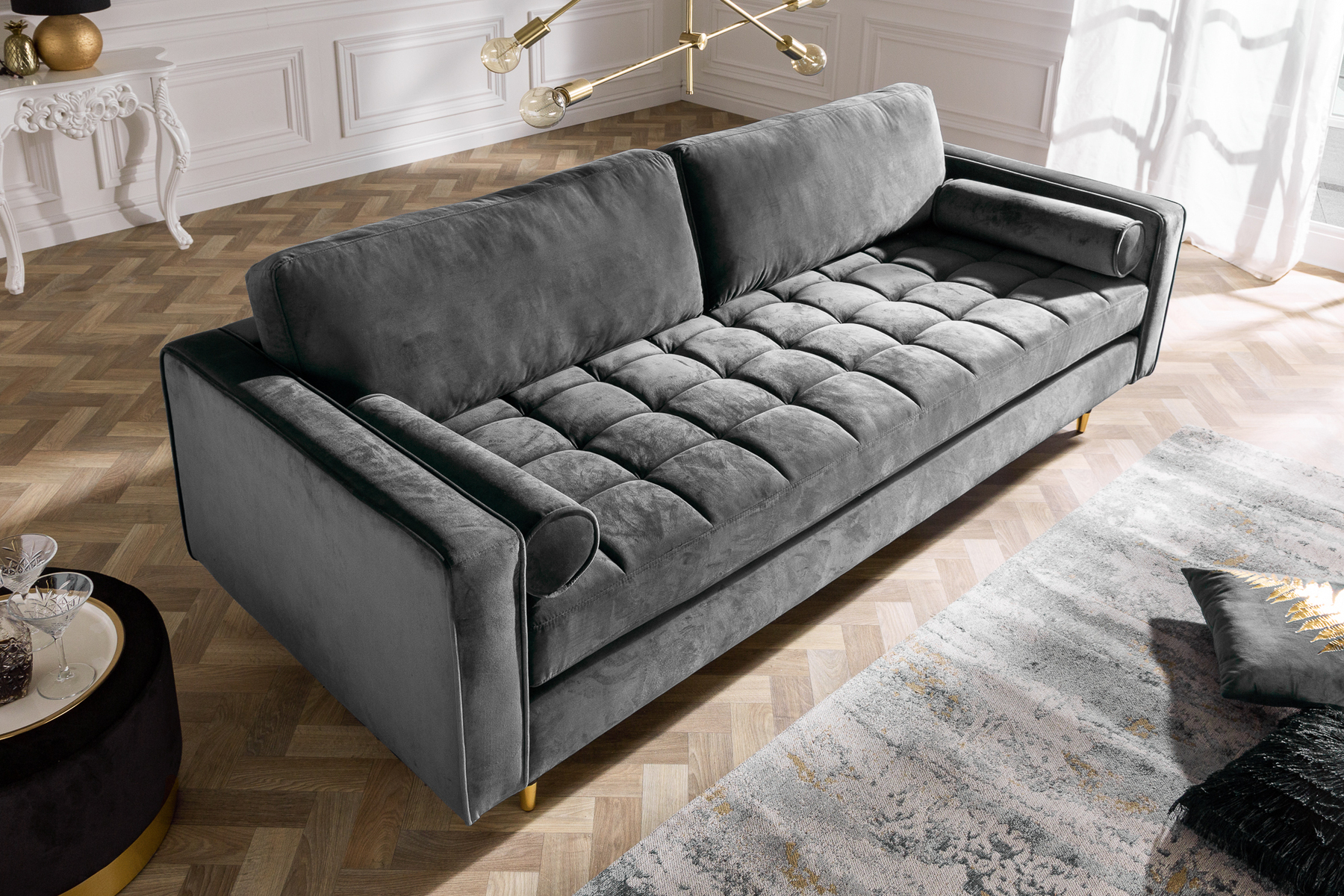 Design 3-Sitzer Sofa COZY VELVET 220cm grau Samt Federkern Lounge » Jetzt kaufen