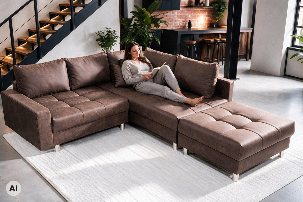 Modernes Ecksofa KENT 220cm braun Federkern Wohnlandschaft inkl. Hocker und Kissen » Jetzt kaufen