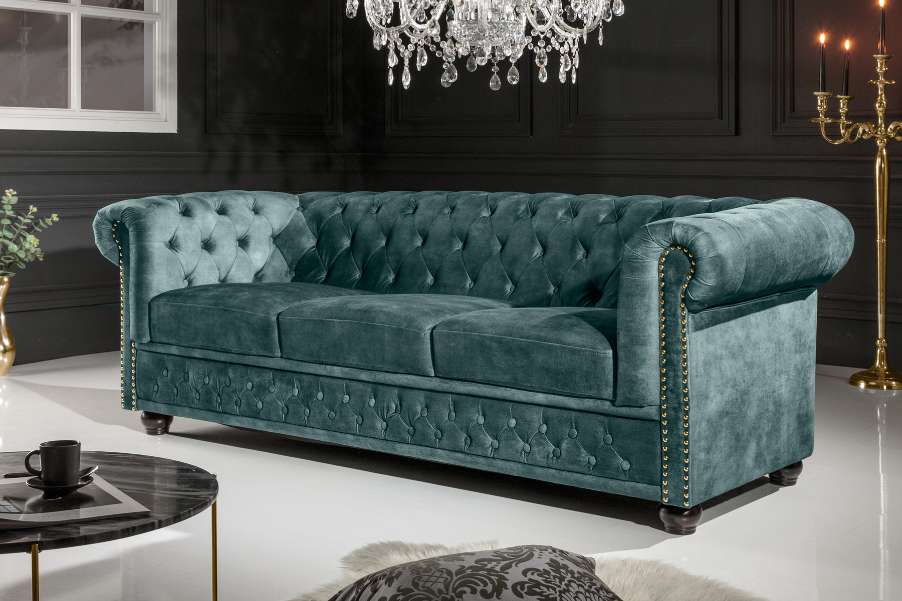 Chesterfield 3-Sitzer Sofa 205cm petrol Samt Federkern Goldnieten Knopfheftung » Jetzt kaufen