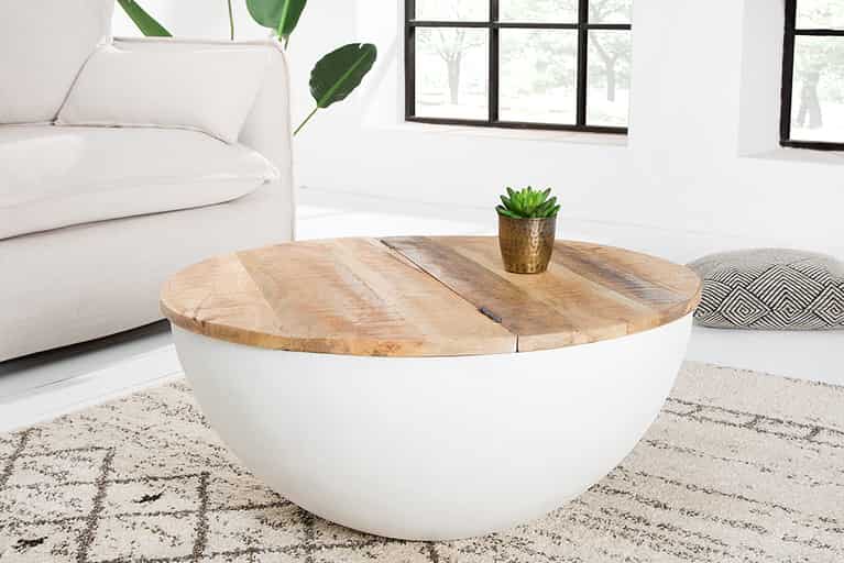 Runder Couchtisch INDUSTRIAL STORAGE 70cm weiß natur Massivholz mit Stauraum handmade » Jetzt kaufen