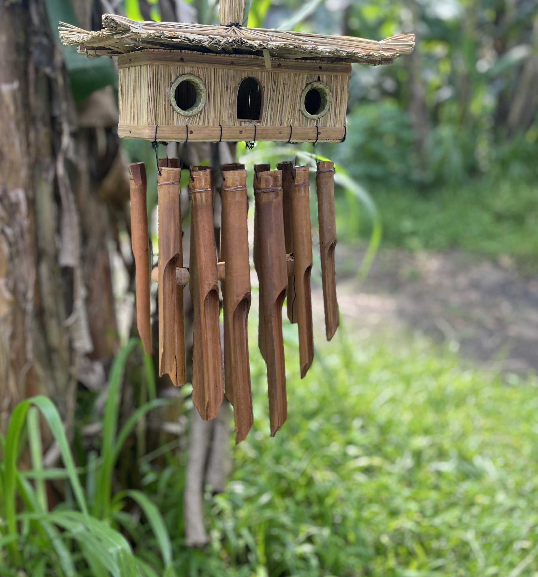 Windspiel aus Bambus mit Vogelhaus, L 15 cm, B 30 cm H 55 cm | 123969
