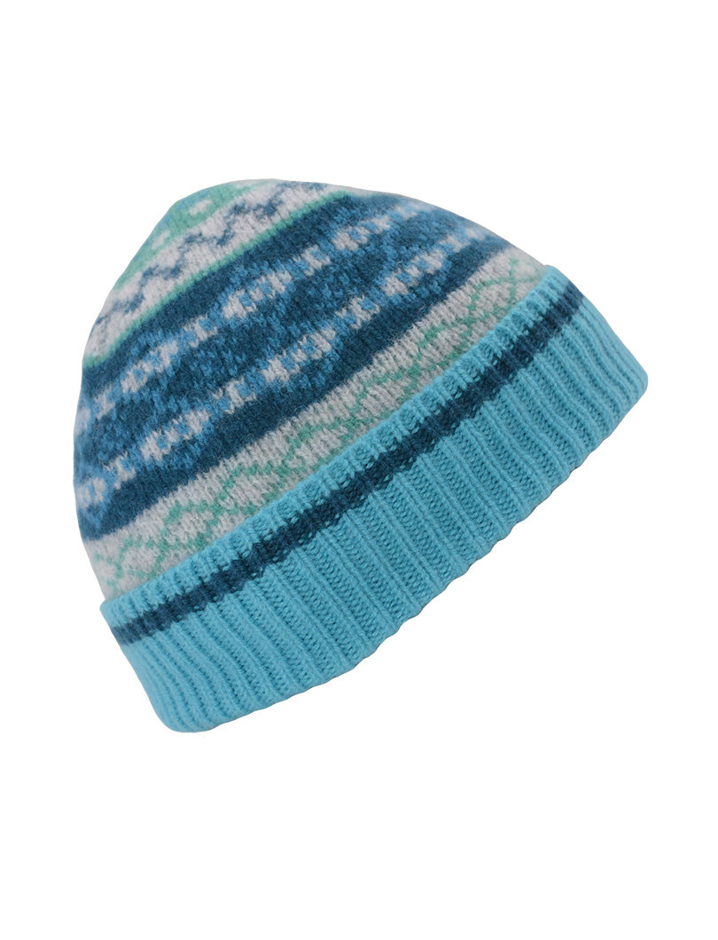 Turquoise wool fair isle beanie hat in marischal Made in