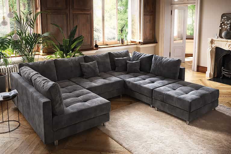 Moderne XXL Wohnlandschaft KENT 305cm grau Samt Bigsofa inkl. Hocker Federkern » Jetzt kaufen