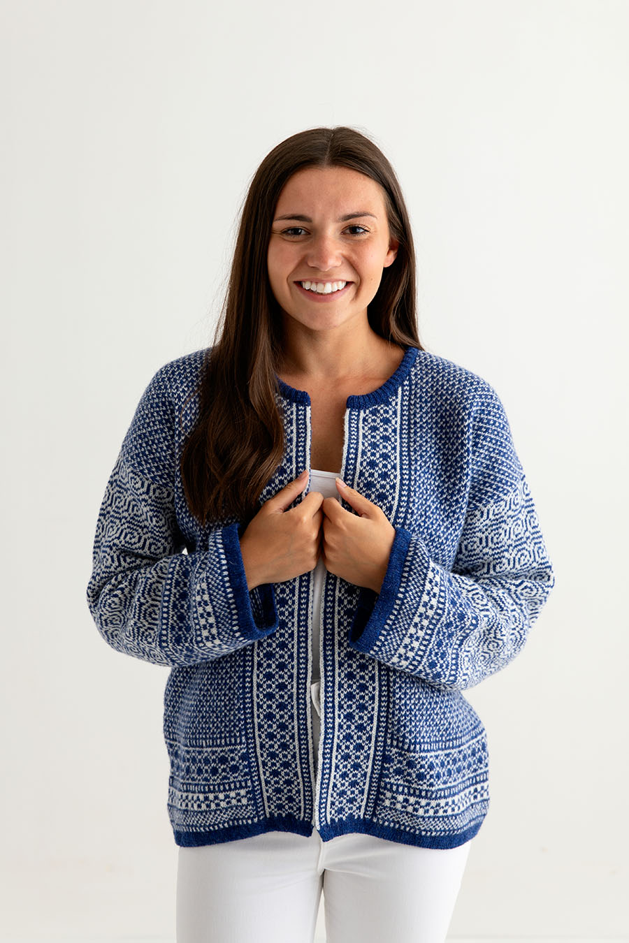 Womens Scottish Wool Fair Isle Coatigan in royal blue and white