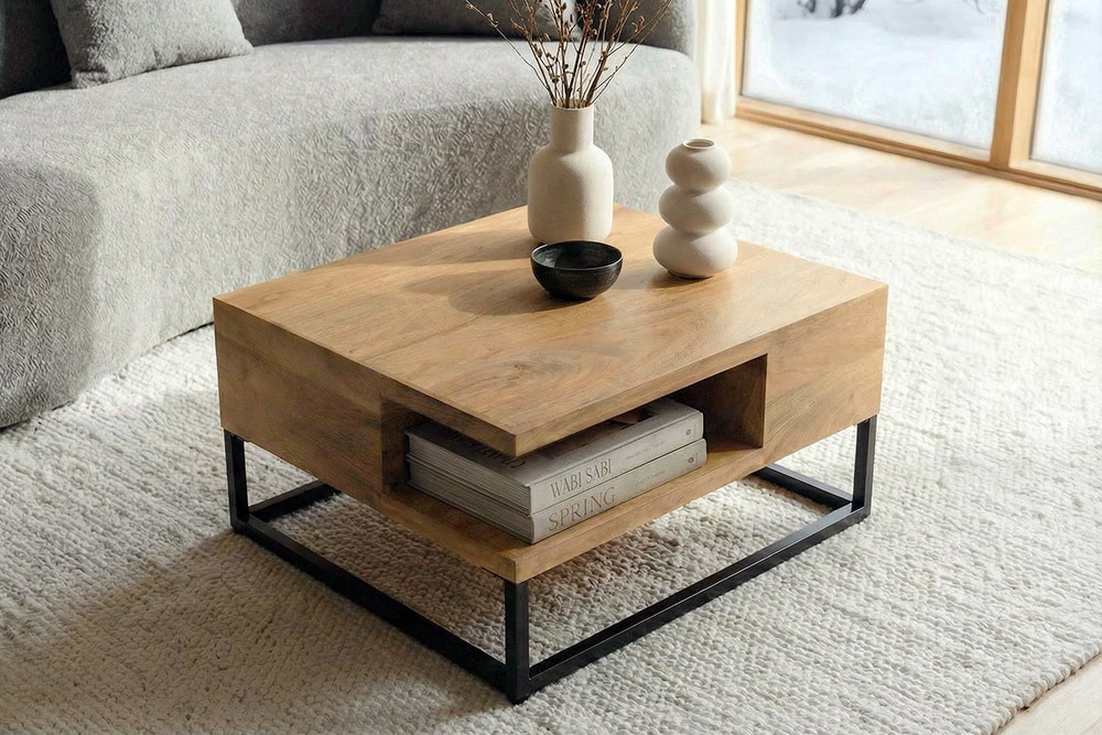 Massiver Couchtisch GIANT 60cm natur Mangoholz cream finish Metall schwarz Ablage » Jetzt kaufen