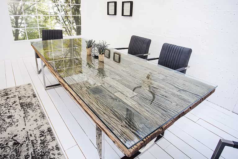 Massiver Esstisch BARRACUDA 240cm antik Teak Holz mit Stahl Kufenfüßen inkl. Glasplatte » Jetzt kaufen