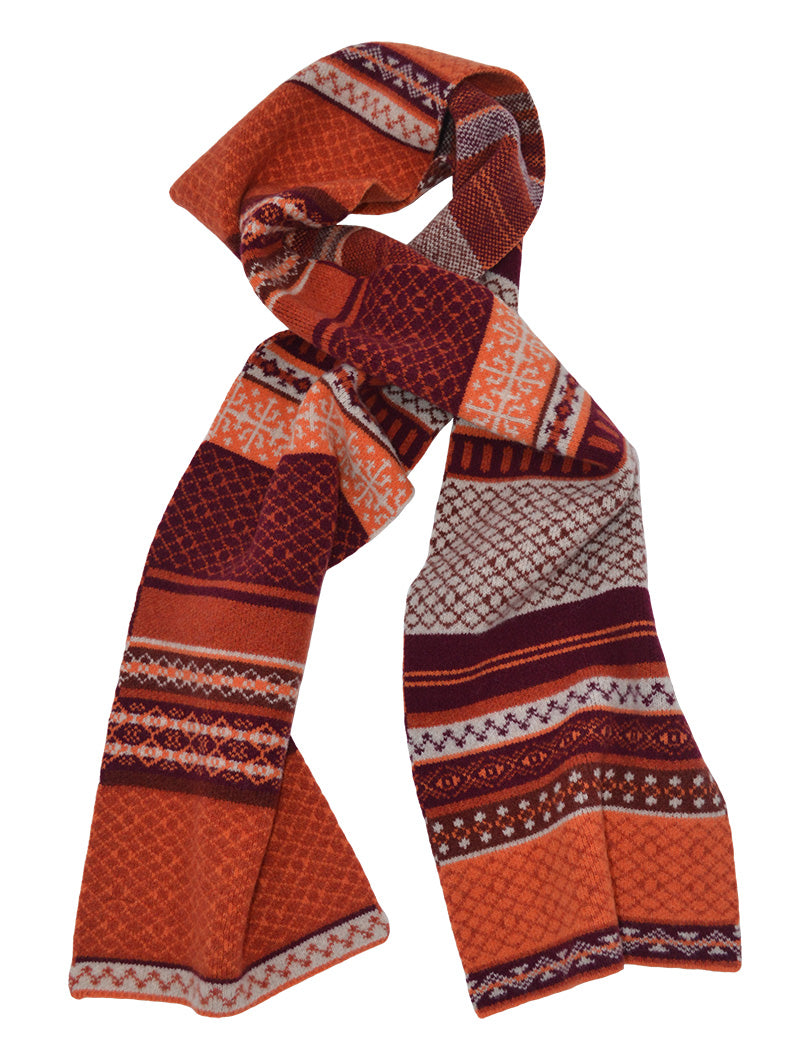 Orange fair isle scarf. Made in Scotland from finest British spun