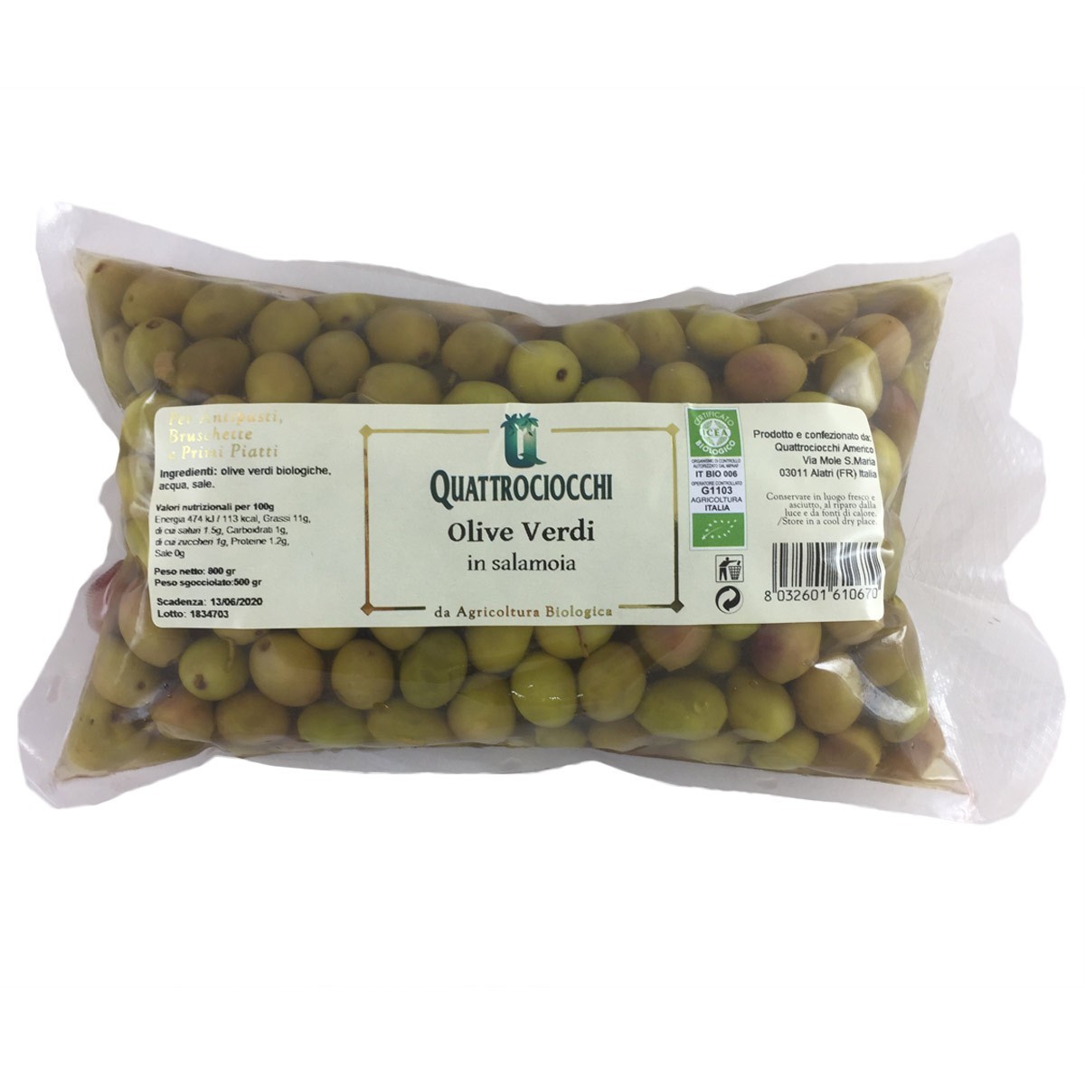 Green Olives in brine - Quattrociocchi - 500gr