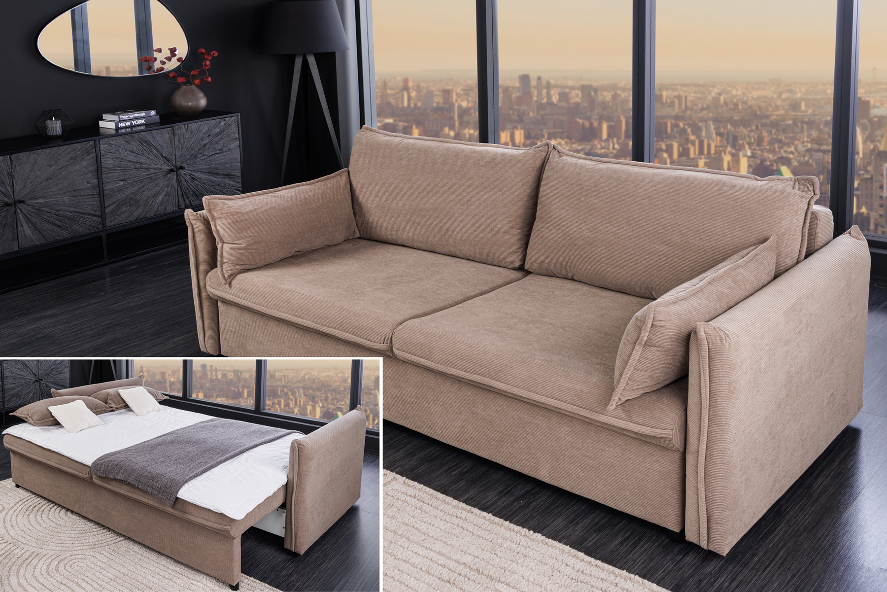 XXL Sofa mit Schlaffunktion APARTMENT taupe Cord inkl. Bettkasten und Kissen » Jetzt kaufen