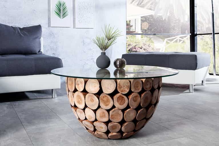 Handgearbeiteter Couchtisch PURE NATURE 70cm Teak Massivholz rund mit Glasplatte » Jetzt kaufen