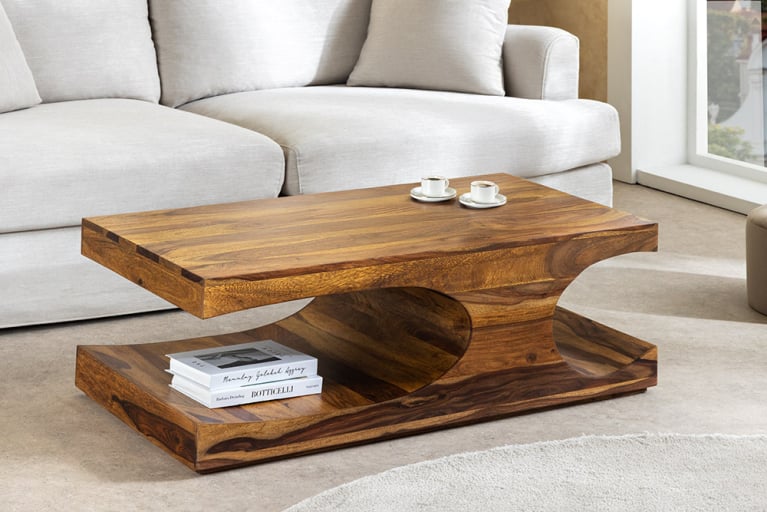 Massiver Couchtisch CUBUS 105cm braun Sheeshamholz stone finish mit Stauraum » Jetzt kaufen